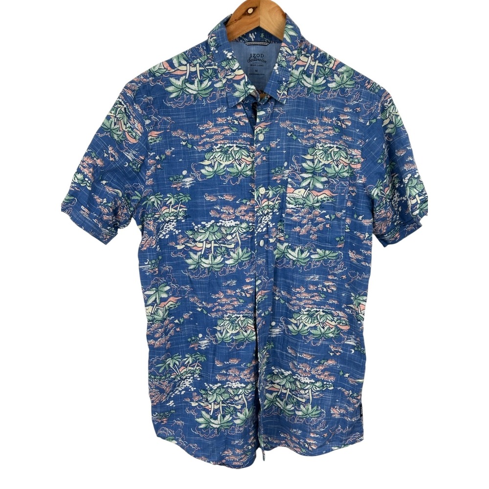 IZOD Saltwater Mens Short Sleeve Button‎ Up Tropical Palm Tree Shirt Blue Medium